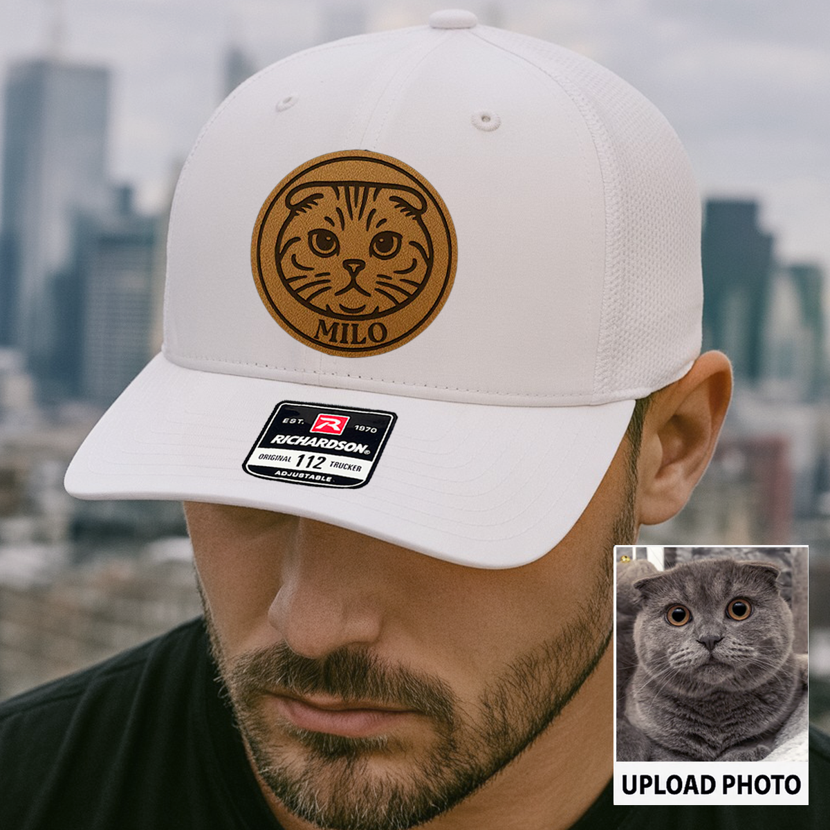 Custom Cat Photo Trucker Hat | Personalized Pet Patch Leather Patch Hat | Cat Memorial Gift TNGANSP029