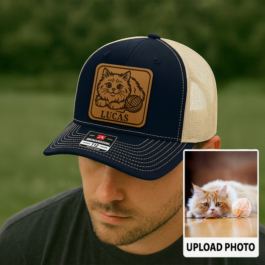 Personalized Cat Photo Leather Patch Hat | Trucker Hat With Cat Photo | Gift For Cat Lover TNGANSP037