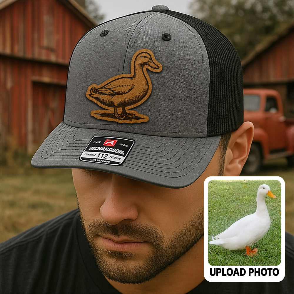 Personalized Duck Photo Leather Patch Hat | Custom Farm Trucker Hat | Gift For Farm Lover THUC99