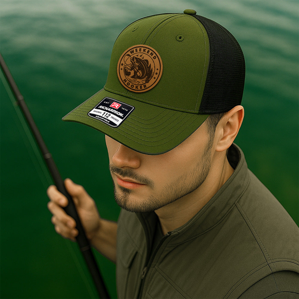 Personalized Fishing Leather Patch Hat – Custom Engraved Trucker – Perfect Gift for Husband, Dad, or Brother THUC99MF24