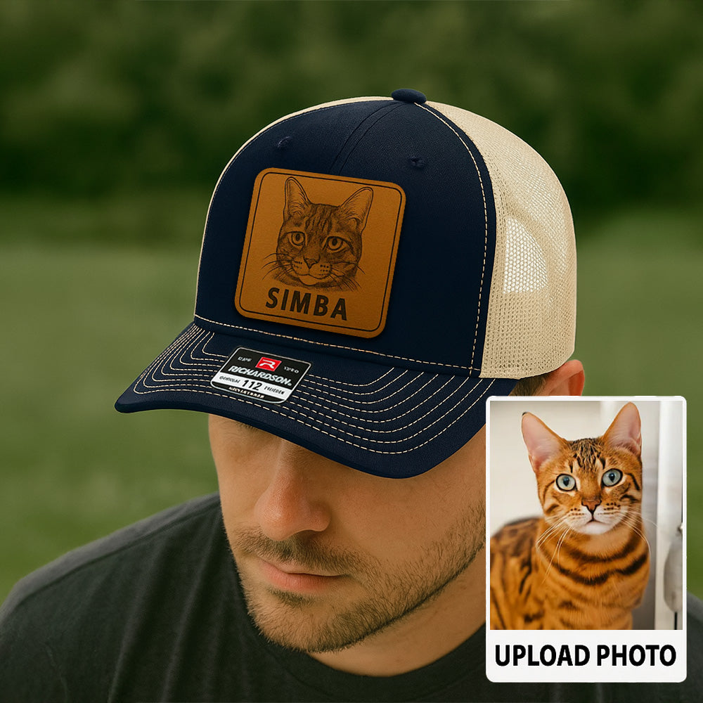 Custom Cat Photo Trucker Hat | Personalized Cat Photo Leather Patch Hat | Gift For Cat Lover TNGANSP035