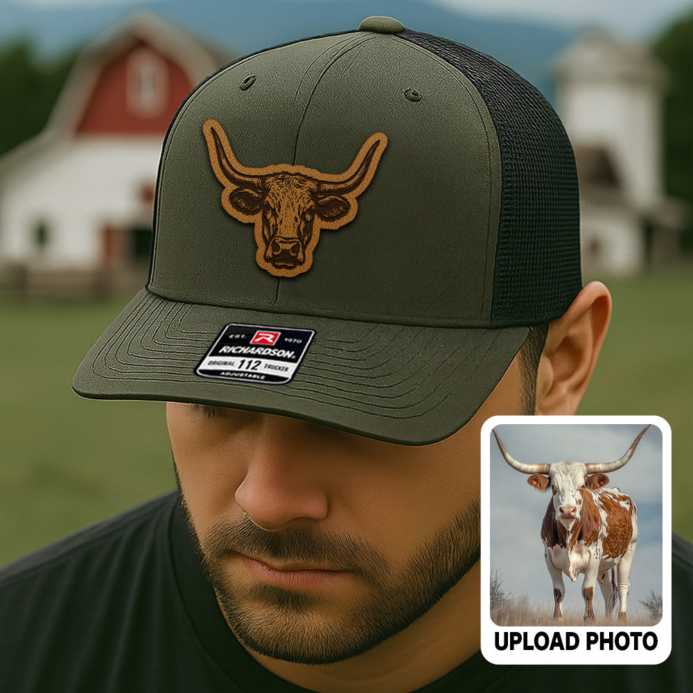 Personalized Long Horn Photo Leather Patch Hat | Custom Farm Photo Trucker Hat | Farm Leather Patch Hat THUC99
