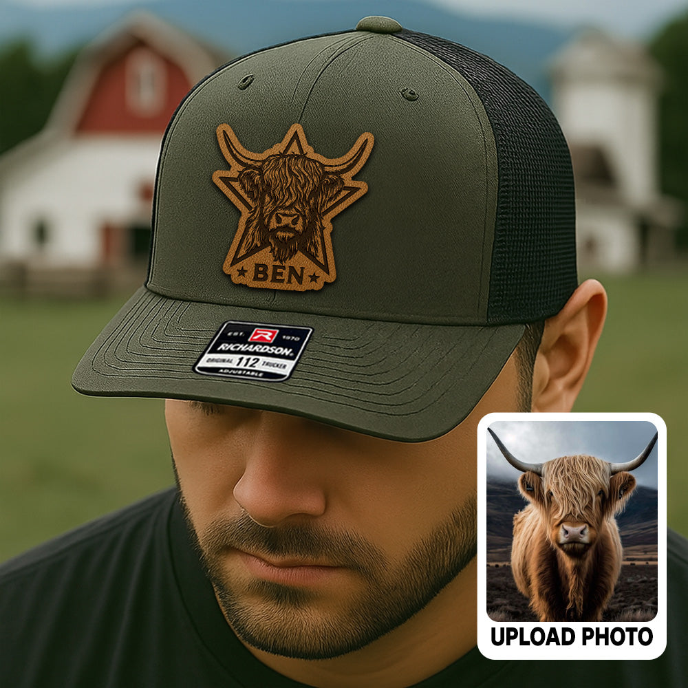 Personalized Cow Photo Leather Patch Hat | Custom Farm Trucker Hat | Gift For Farm Lover THUC99