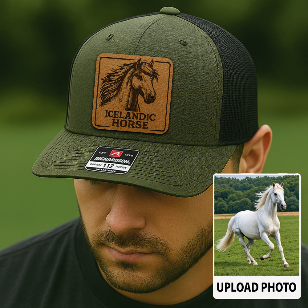 Personalized Horse Photo Leather Patch Hat | Custom Pet Photo Trucker Hat | Horse Lovers Gift THUC99P03