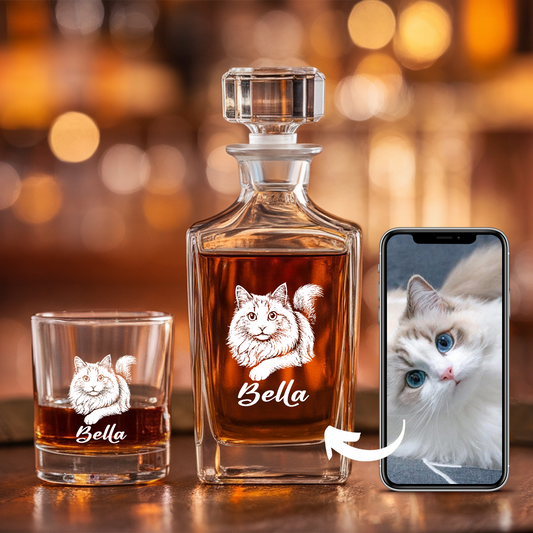 Custom Cat Photo Whiskey Glass And Decanter Set | Personalized Cat Photo Decanter | Gift For Cat Lover | Pet Memorial Gift TNN01
