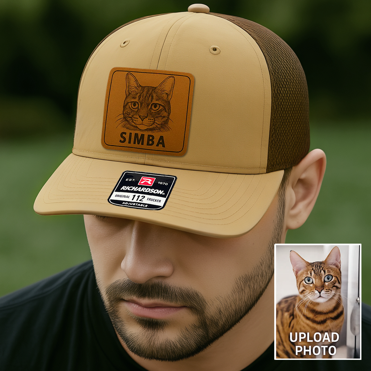 Custom Pet Photo Trucker Hat – Personalized Leather Patch Hat – Dad Gift – Custom Pet Memorial Hat - Cat Lover Gift - Engraved Hat NGOC99A2
