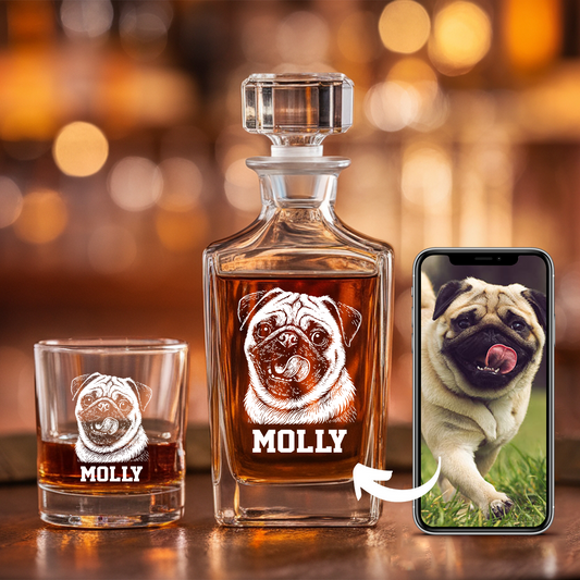 Custom Dog Photo Whiskey Glass And Decanter Set | Personalized Dog Photo Decanter | Gift For Dog Lover | Pet Memorial Gift TNN10