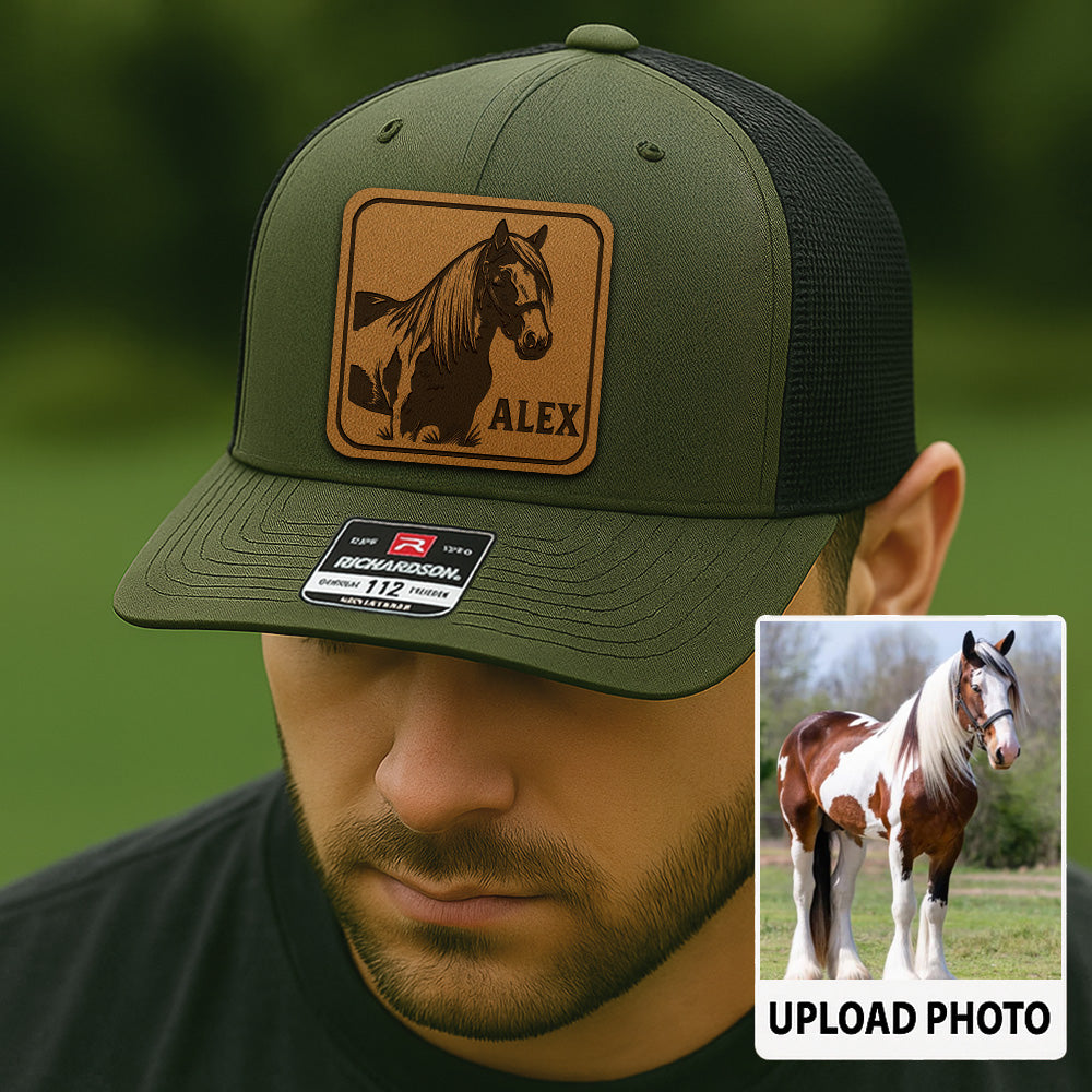 Personalized Horse Photo Leather Patch Hat | Custom Pet Photo Trucker Hat | Horse Portrait Trucker Hat Farm Lovers THUC99P02