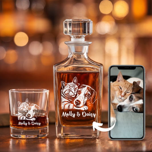 Custom Dog Photo Whiskey Glass And Decanter Set | Personalized Dog Photo Decanter | Gift For Dog Lover | Pet Memorial Gift TNN03
