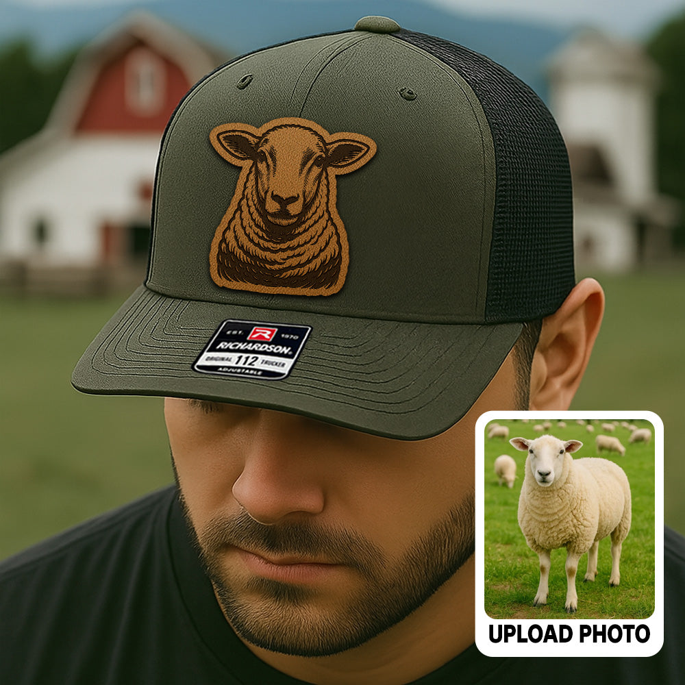 Personalized Sheep Photo Leather Patch Hat | Custom Farm Photo Trucker Hat | Farm Leather Patch Hat THUC99