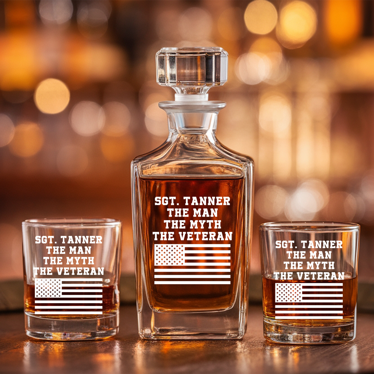 Personalized US Veteran Whiskey Decanter Gift Set | American Flag Whiskey Glass | Patriotic Gift for Veterans