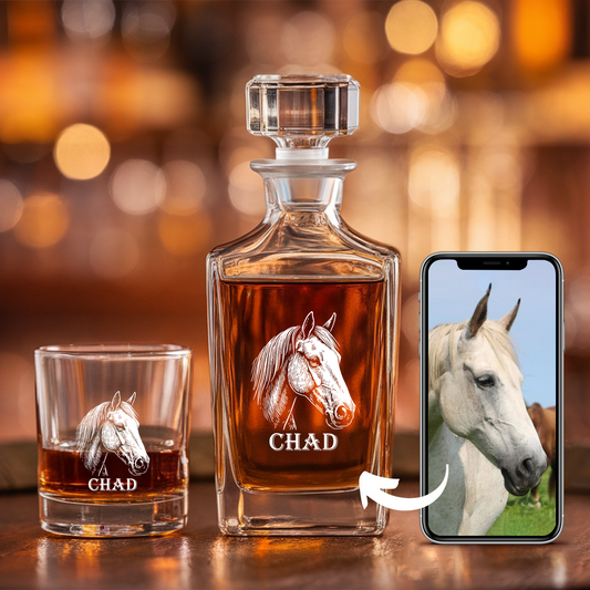 Custom Horse Photo Whiskey Glass And Decanter Set | Personalized Horse Photo Decanter | Gift For Horse Lover | Pet Memorial Gift TNN13