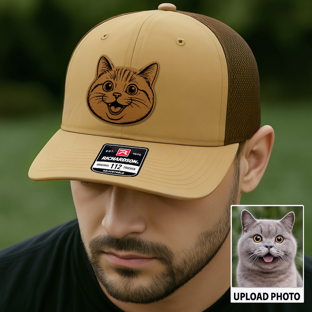 Custom Pet Photo Trucker Hat – Personalized Leather Patch Hat – Cat Portrait Gift – Custom Pet Face Hat P99A15