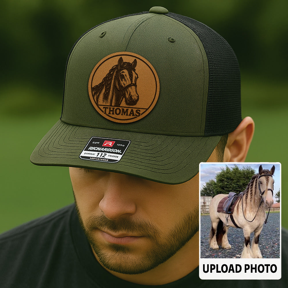 Personalized Horse Photo Leather Patch Hat | Custom Pet Photo Trucker Hat | Leather Patch Horse Hat  Farm Gift THUC9906