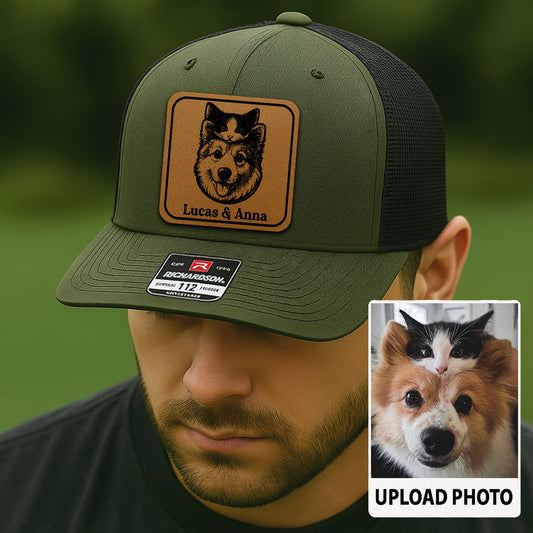 Custom Pet Photo Trucker Hat – Personalized Leather Patch Hat – Dog Portrait Gift – Custom Pet Face Hat P99A20