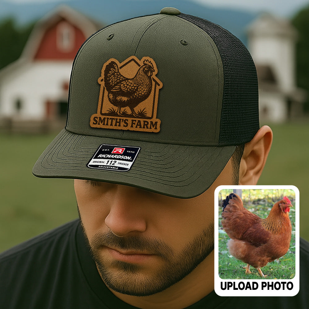 Personalized Chicken Photo Leather Patch Hat | Custom Farm Photo Trucker Hat | Farm Leather Patch Hat THUC99