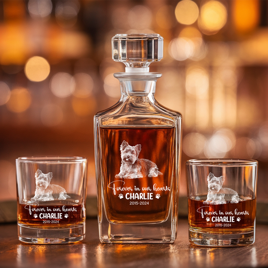 Custom Pet Memorial Photo Decanter With Whiskey Glass, Personalized Photo Dog Cat Memorial Glass, Pet Loss Gift TND075
