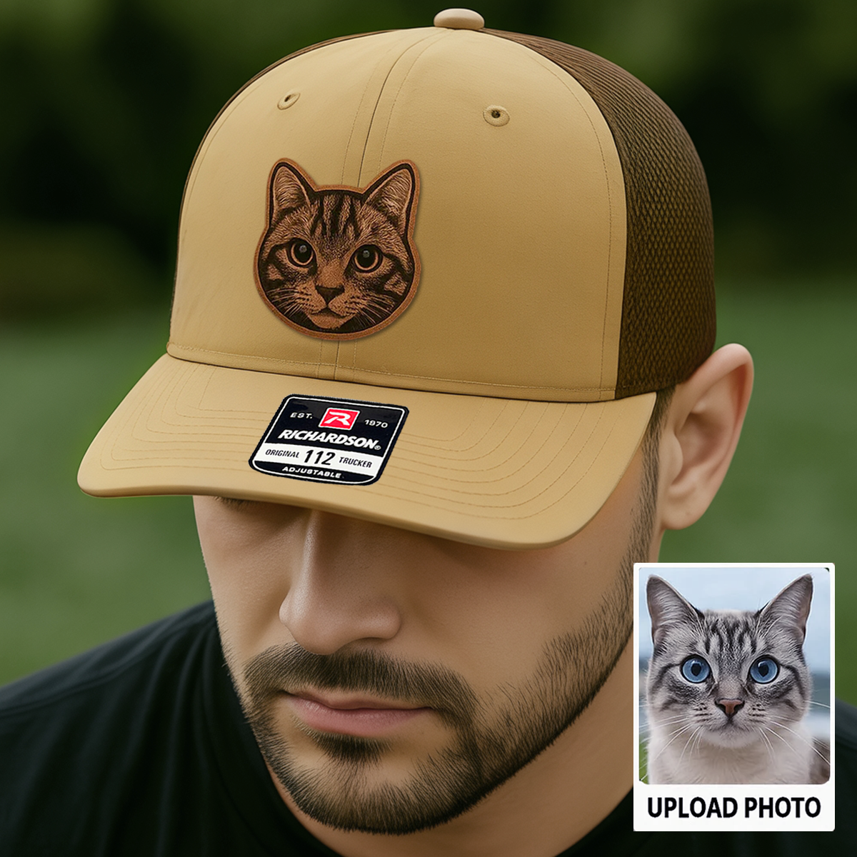 Custom Pet Photo Trucker Hat – Personalized Leather Patch Hat – Cat Dad Gift – Custom Pet Memorial Hat - Cat Gift - Engraved Hat NGOC99A5