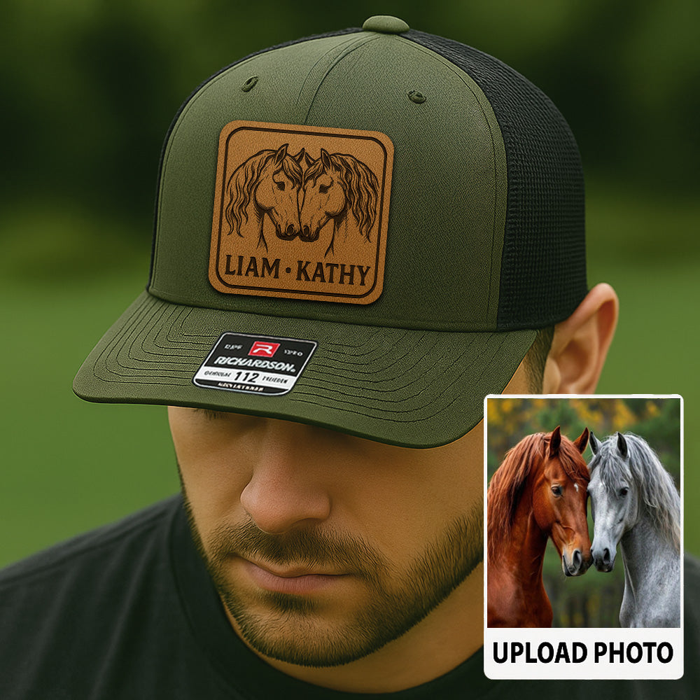 Personalized Horse Photo Leather Patch Hat | Custom Horse Photo Trucker Hat | Gift For Pet Owners THUC99P11