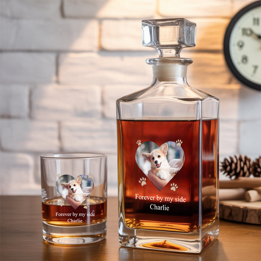 Custom Dog Photo Forever By My Side Whiskey Glass And Decanter Set | Personalized Dog Photo | Pet Lover Gift