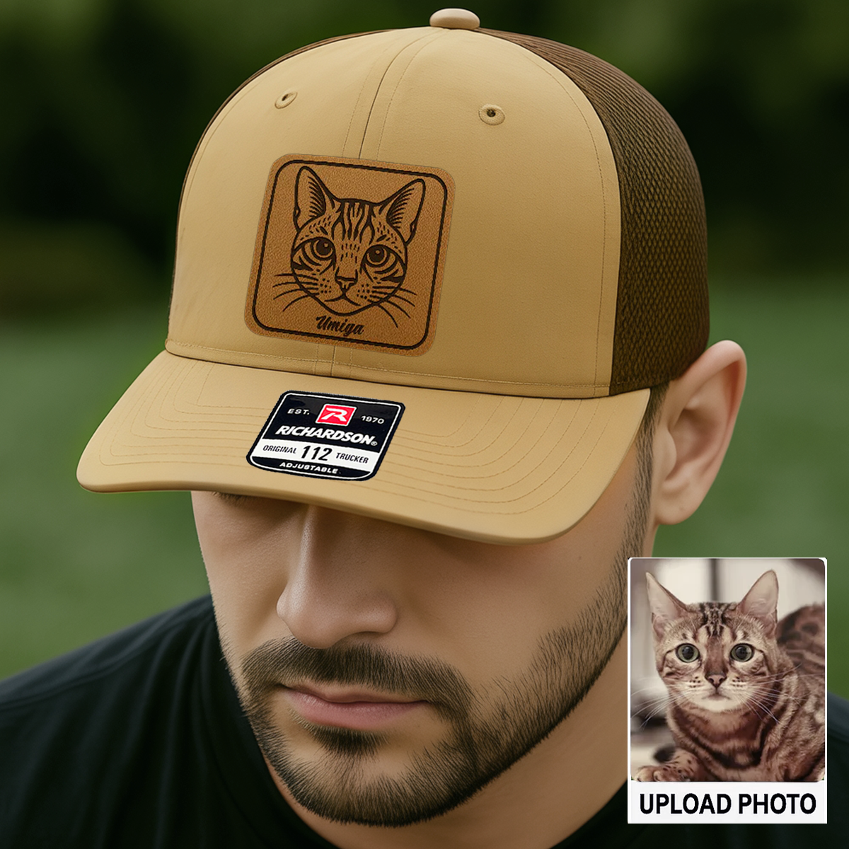 Custom Cat Photo Trucker Hat | Personalized Cat Patch Leather Patch Hat | Gift For Cat Lovers TNGANSP034