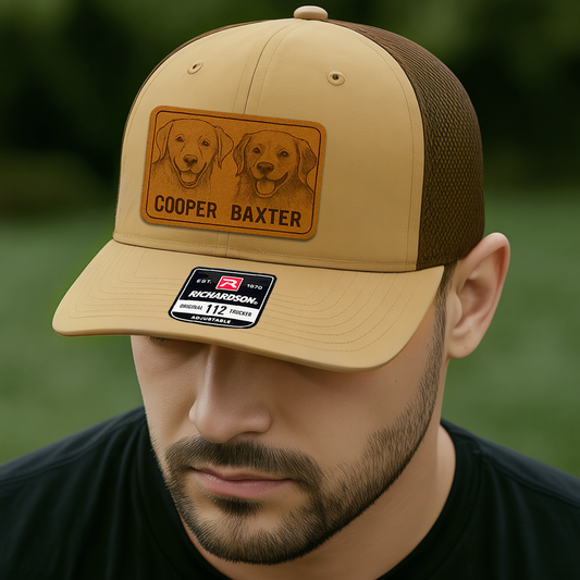 Custom Pet Photo Trucker Hat – Personalized Leather Patch Hat – Couple Dogs Gift – Custom Pet Memorial Hat - Dog Gift - Engraved Hat NGOC99A3