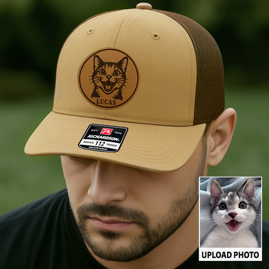 Personalized Cat Photo Leather Patch Hat | Trucker Hat With Cat Photo | Gift For Cat Lover TNGANSP038