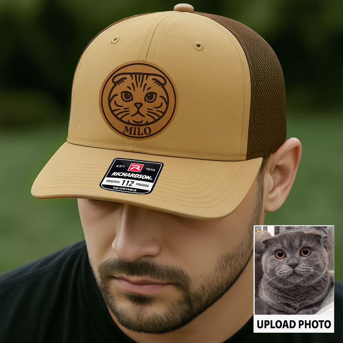 Custom Cat Photo Trucker Hat | Personalized Pet Patch Leather Patch Hat | Cat Memorial Gift TNGANSP029