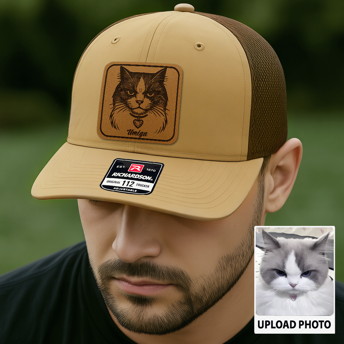 Custom Cat Photo Trucker Hat | Personalized Cat Patch Leather Patch Hat | Gift For Cat Lovers TNGANSP026