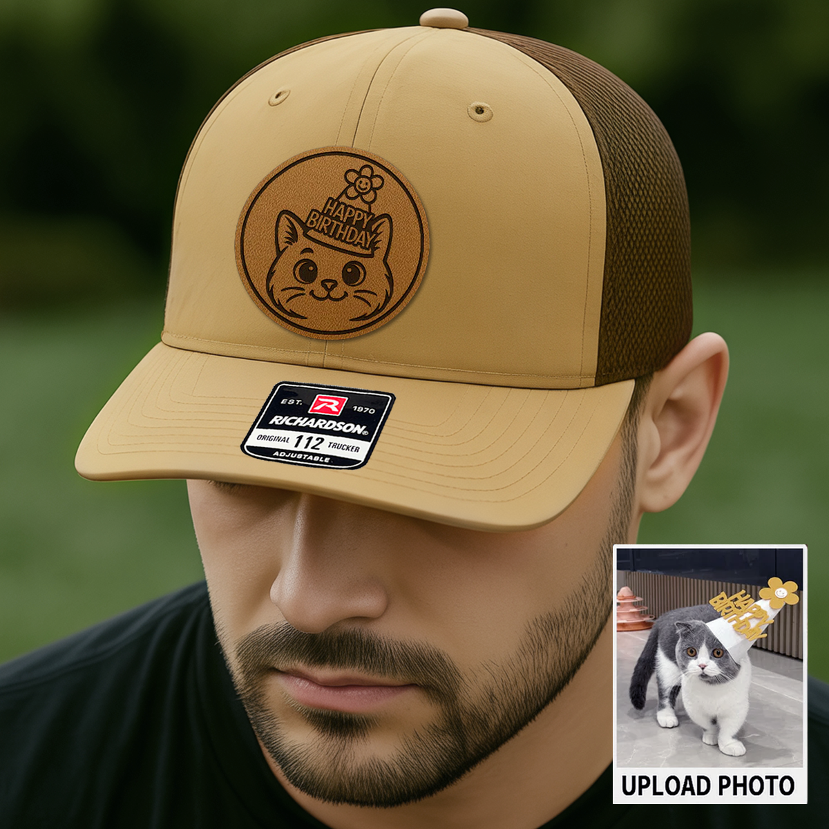 Custom Cat Photo Trucker Hat | Personalized Pet Patch Leather Patch Hat | Cat Memorial Gift TNGANSP025