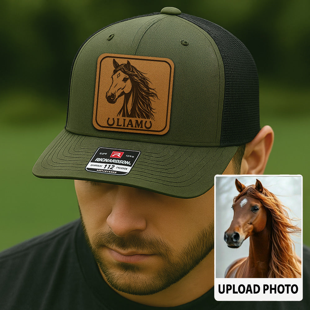 Personalized Horse Photo Leather Patch Hat | Custom Horse Photo Trucker Hat | Gift For Horse Farm Lovers THUC99P01