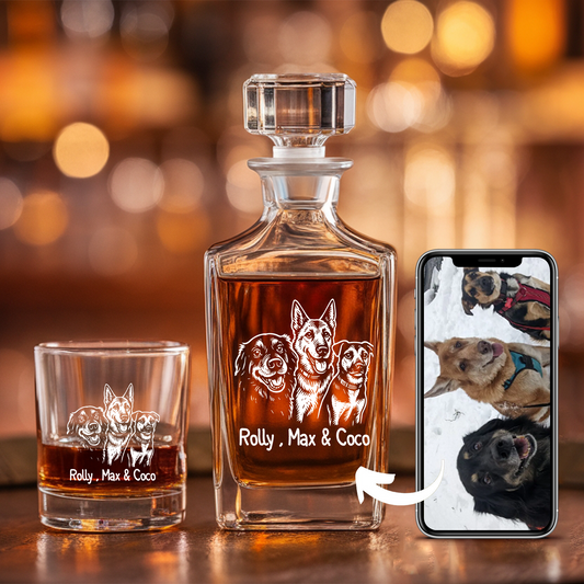 Custom Dog Photo Whiskey Glass And Decanter Set | Personalized Dog Photo Decanter | Gift For Dog Lover | Pet Memorial Gift TNN07
