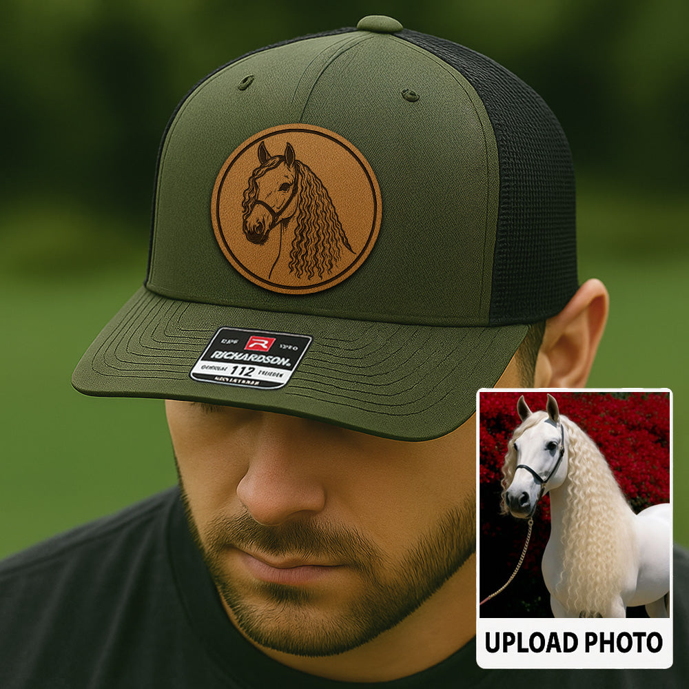 Personalized Horse Photo Leather Patch Hat | Custom Horse Photo Trucker Hat | Gift For Horse Farm Lovers THUC9907