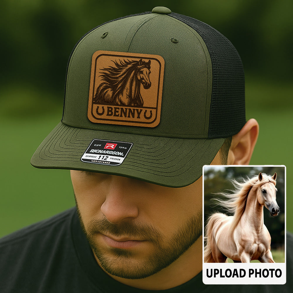 Personalized Horse Photo Leather Patch Hat | Custom Pet Photo Trucker Hat| Pet Face Hat Farm Lovers Gift THUC99P16