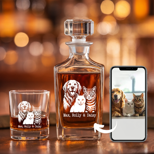 Custom Dog Photo Whiskey Glass And Decanter Set | Personalized Dog Photo Decanter | Gift For Dog Lover | Pet Memorial Gift TNN05
