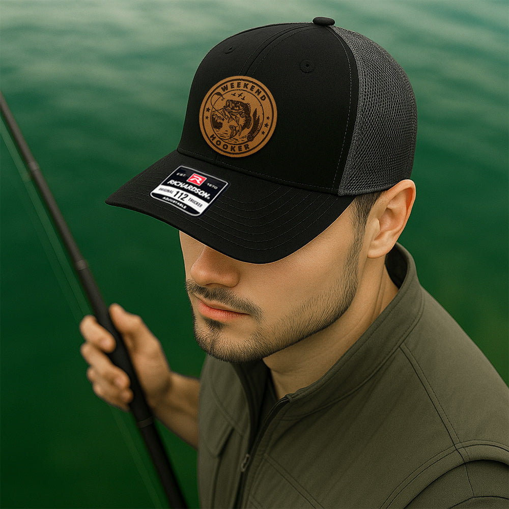 Personalized Fishing Hat for Men – Custom Trucker Cap with Leather Patch – Great Gift for Boyfriend or Fisherman THUC99MF02