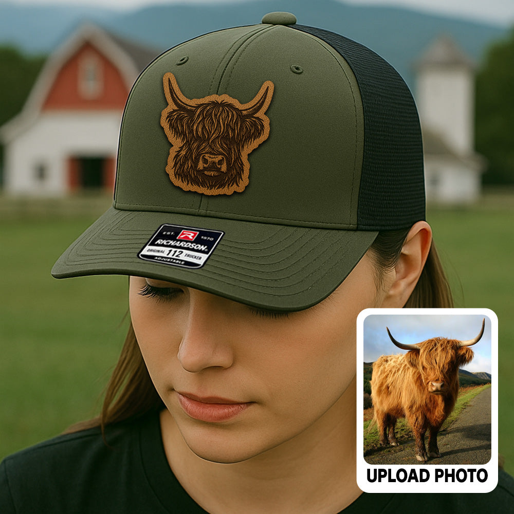 Personalized Highland Cow Photo Leather Patch Hat | Custom Farm Trucker Hat | Gift For Farm Lover THUC99