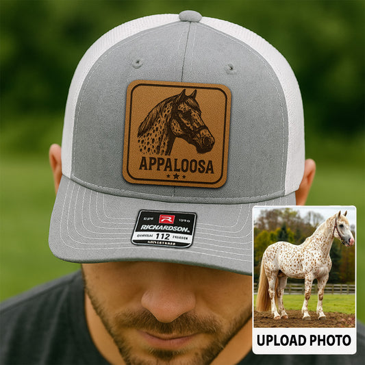 Personalized Horse Photo Leather Patch Hat | Custom Pet Photo Trucker Hat | Horse Farm Lovers Gift THUC99P14