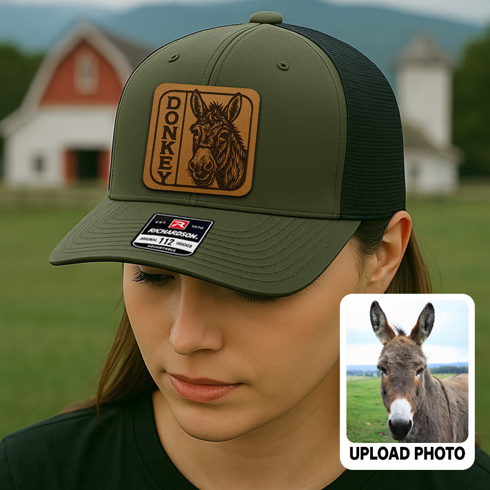 Personalized Donkey Photo Leather Patch Hat | Custom Farm Photo Trucker Hat | Farm Leather Patch Hat THUC99