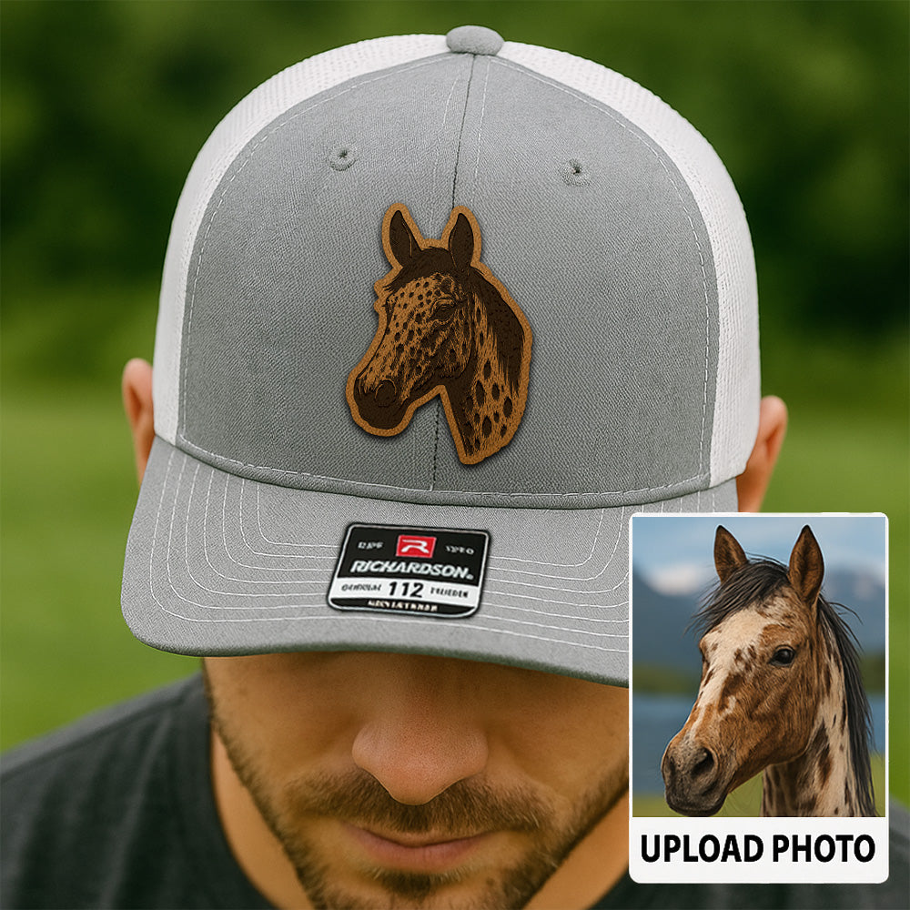 Custom Pet Photo Trucker Hat – Personalized Leather Patch Hat – Horse Portrait Gift – Custom Pet Face Hat P99A23