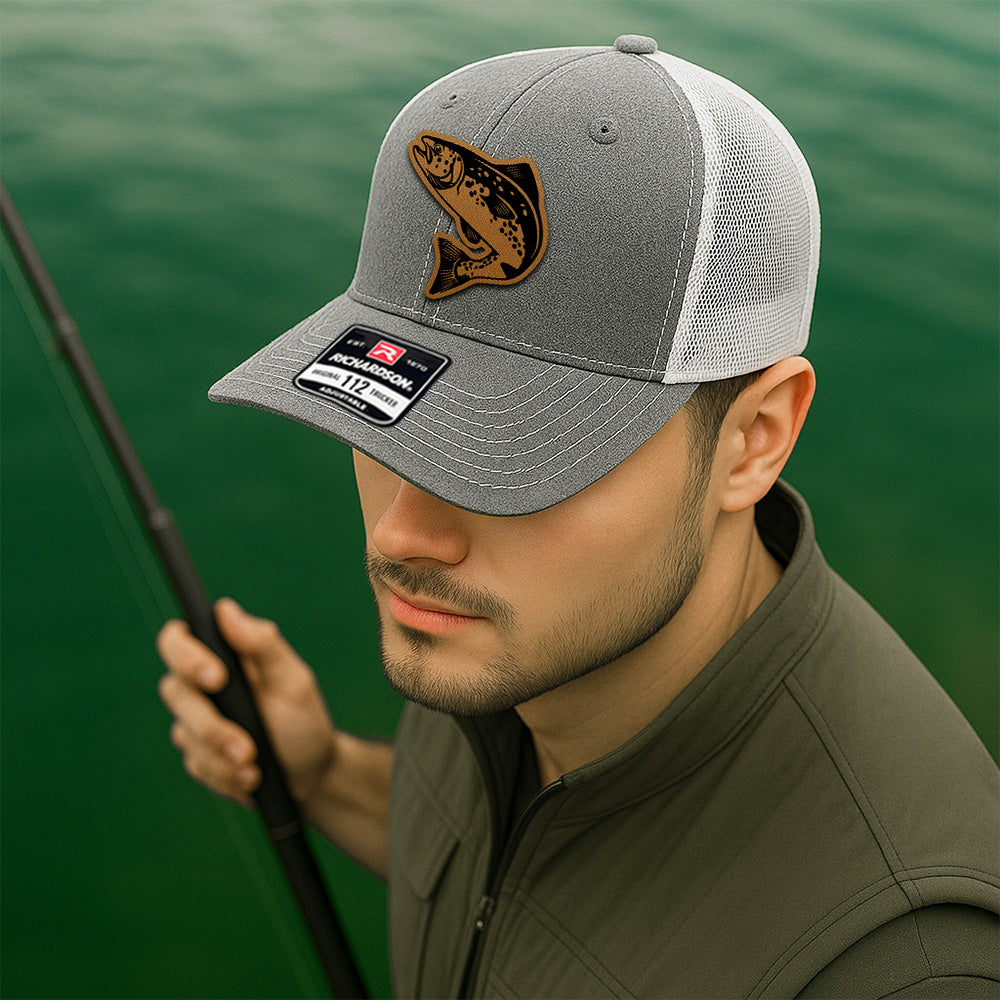 Custom Fishing Trucker Hat for Men – Personalized Leather Patch Hat Gift for Dad or Husband THUC99MF29