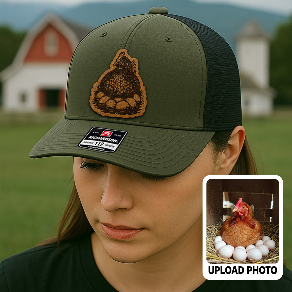 Personalized Chicken Photo Leather Patch Hat | Custom Farm Trucker Hat | Gift For Farm Lover THUC99