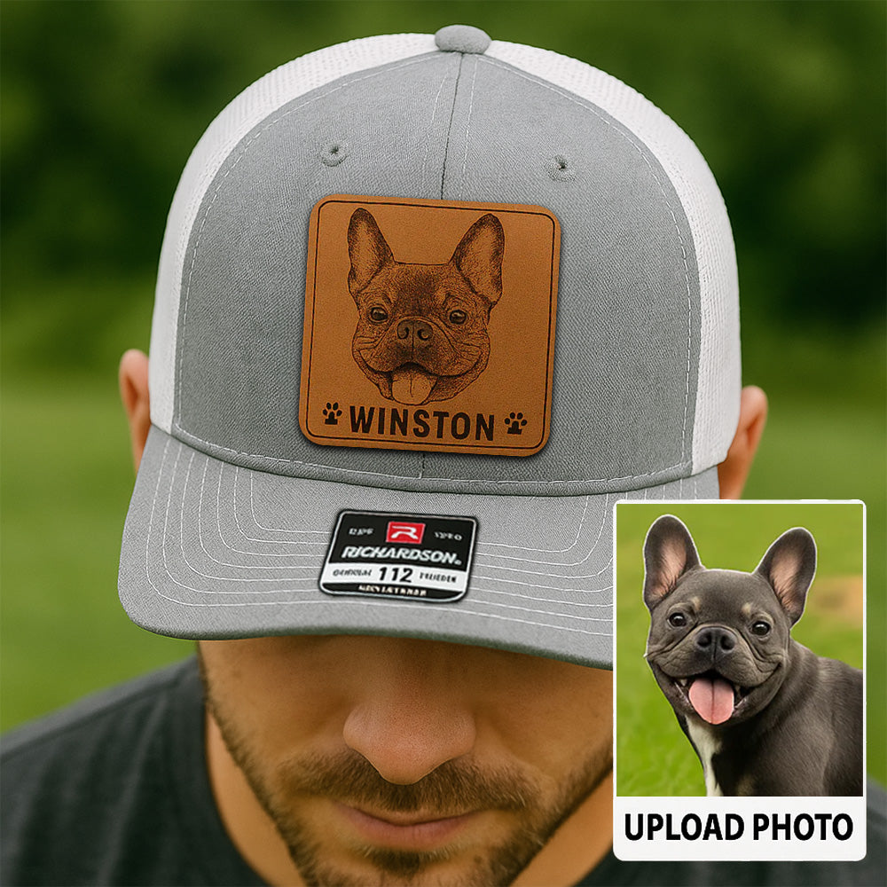 Custom Pet Photo Trucker Hat – Personalized Leather Patch Hat – Dog Dad Gift – Custom Pet Memorial Hat - Dog Gift - Engraved Hat NGOC99A4