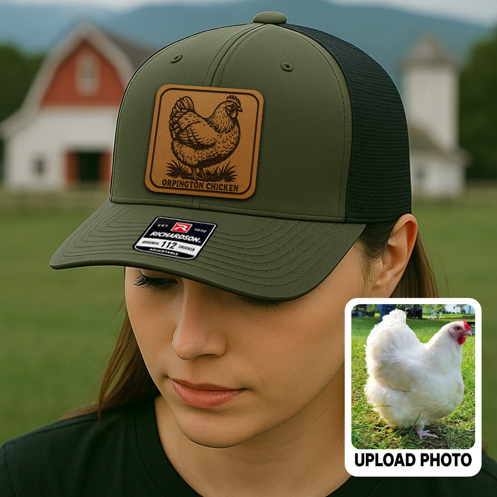 Personalized Chicken Photo Leather Patch Hat | Custom Farm Trucker Hat | Gift For Farm Lover THUC99