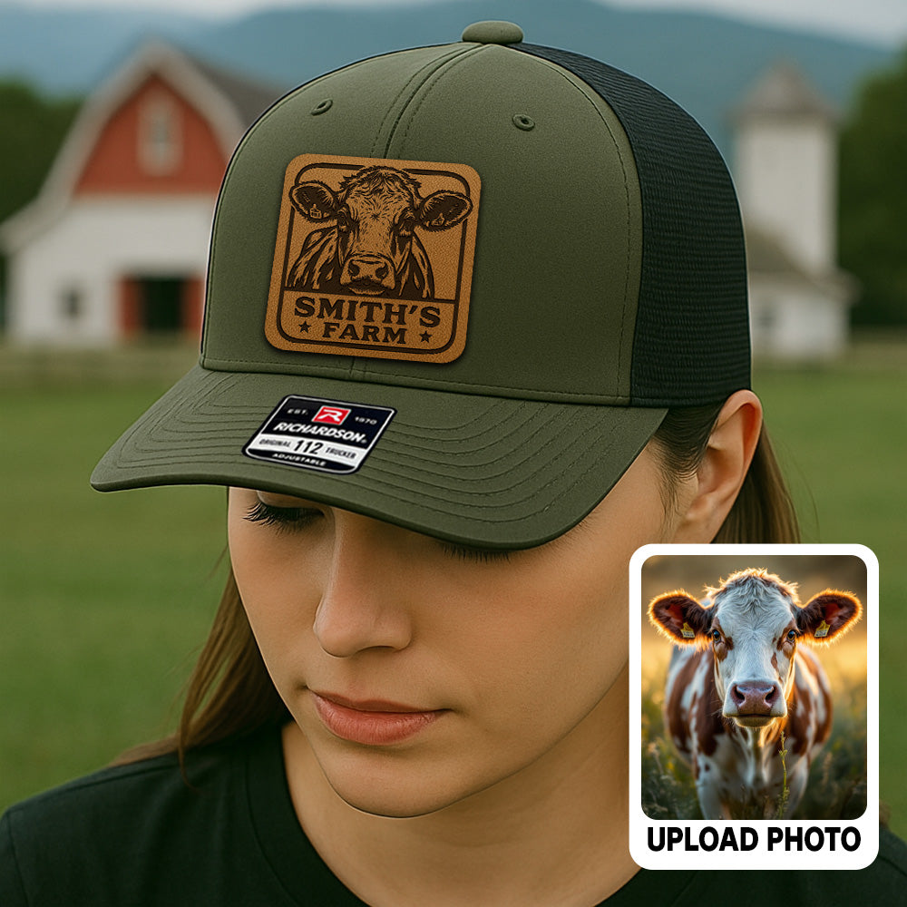 Personalized Cow Photo Leather Patch Hat | Custom Farm Photo Trucker Hat | Farm Leather Patch Hat THUC99