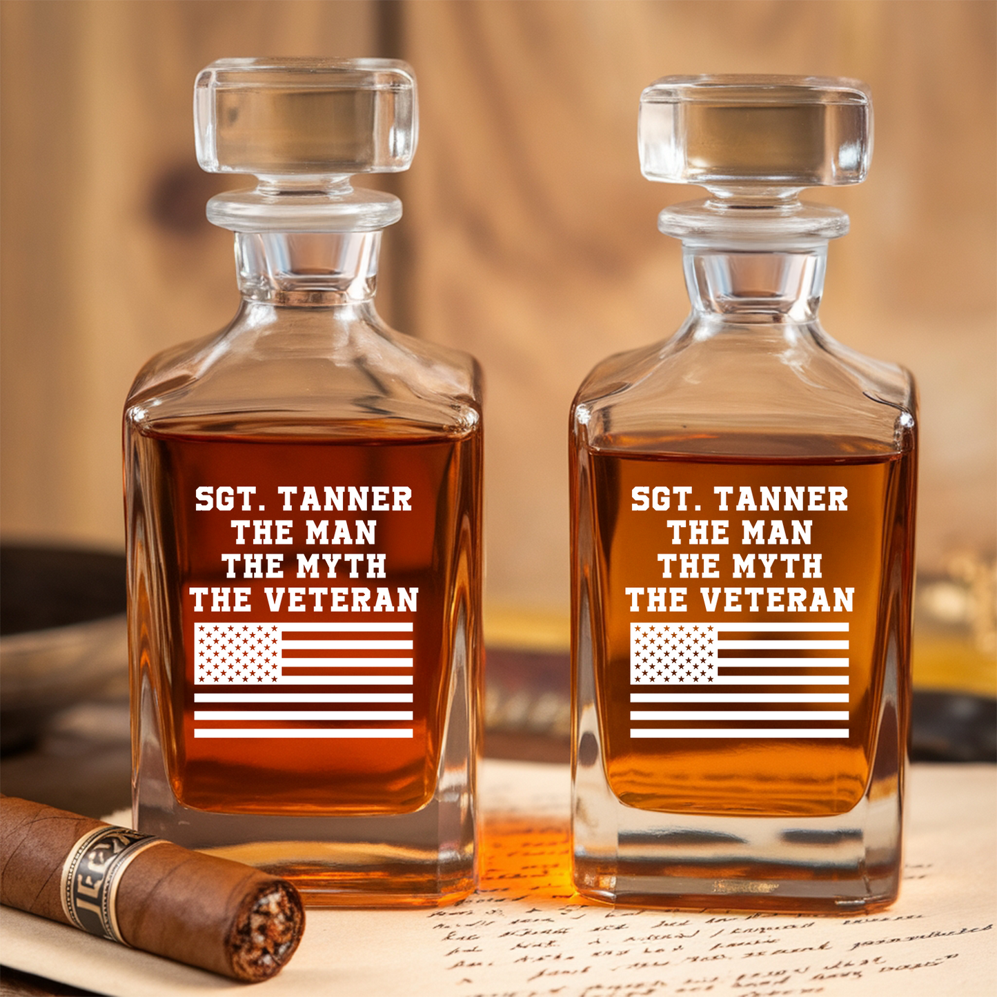 Personalized US Veteran Whiskey Decanter Gift Set | American Flag Whiskey Glass | Patriotic Gift for Veterans