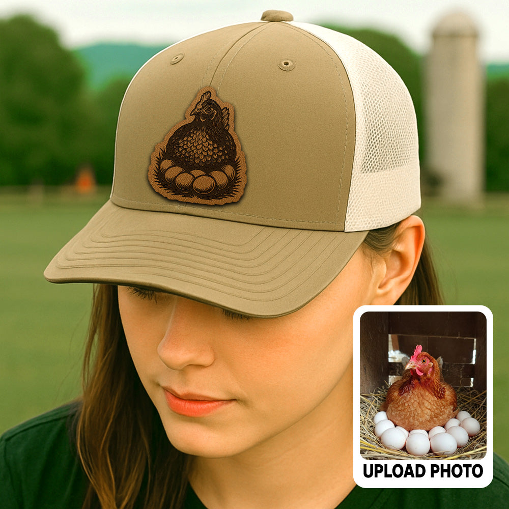 Personalized Chicken Photo Leather Patch Hat | Custom Farm Trucker Hat | Gift For Farm Lover THUC99