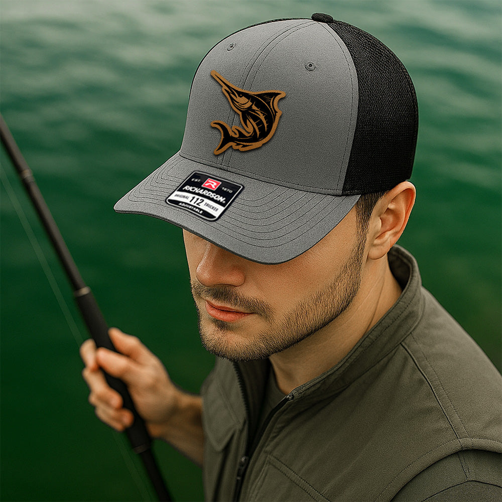 Custom Fishing Trucker Hat for Men – Personalized Leather Patch Hat Gift for Dad or Husband THUC99MF33