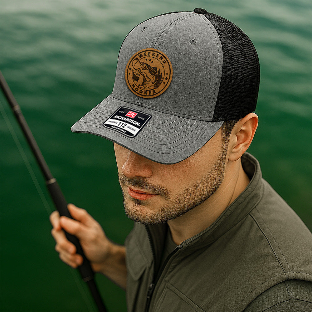 Personalized Fishing Trucker Hat – Funny Leather Patch Cap – Gift for Fishman THUC99MF23