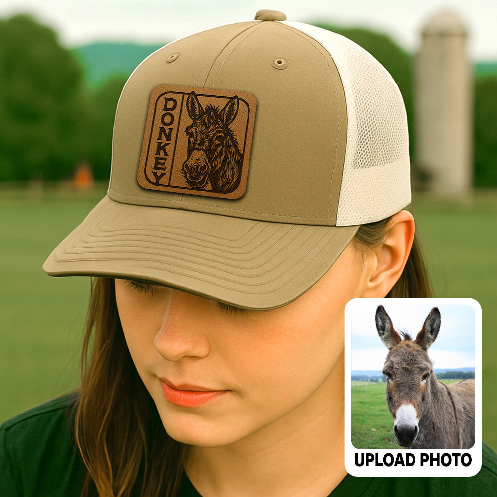 Personalized Donkey Photo Leather Patch Hat | Custom Farm Photo Trucker Hat | Farm Leather Patch Hat THUC99